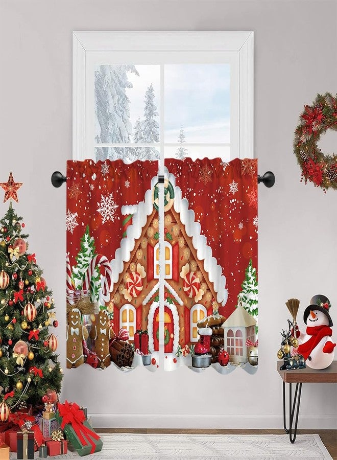 DOTOOMA Red Christmas Gingerbread House Window Treatment Tiers Candy Cane Snowflake Wonderland Xmas Pine Tree Theme Kitchen Living Room Small Window Decor Polyester Supplies 26x36 Inches 2 Panels - Image 1